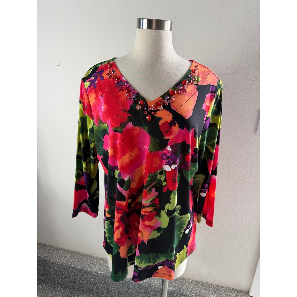 Susan Graver Womens Large Liquid Knit V Neck Embellished Floral Tunic Top Shirt
